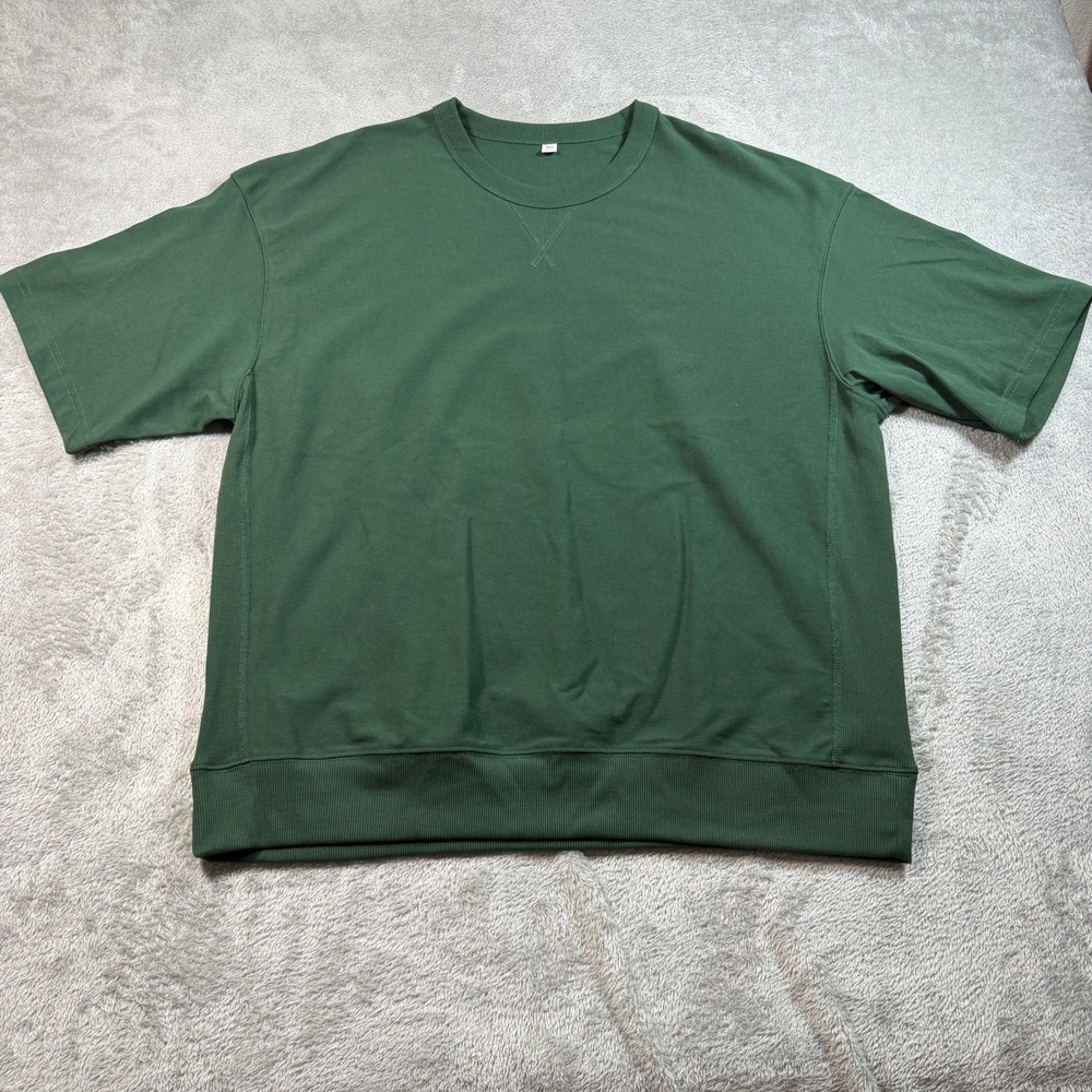 GU Oversized Short Sleeve Shirt Mens XL Green Crewneck Ribbed Hem Boxy Cut